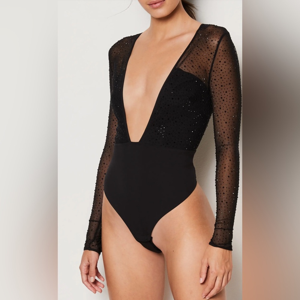 NWT ETAM Couture Black Rhinestone Mesh Plunge Bodysuit |Size Large